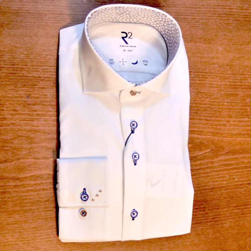 R2 white shirt with blue and brown buttons and brown detail stitching