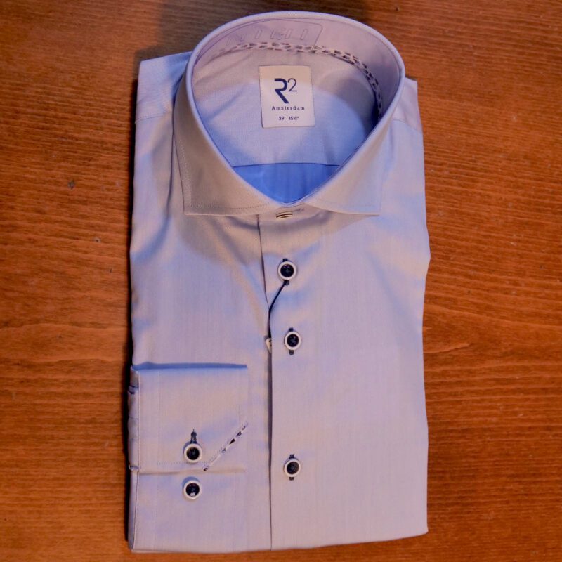 R2 white shirt with blue buttons and detail stitching