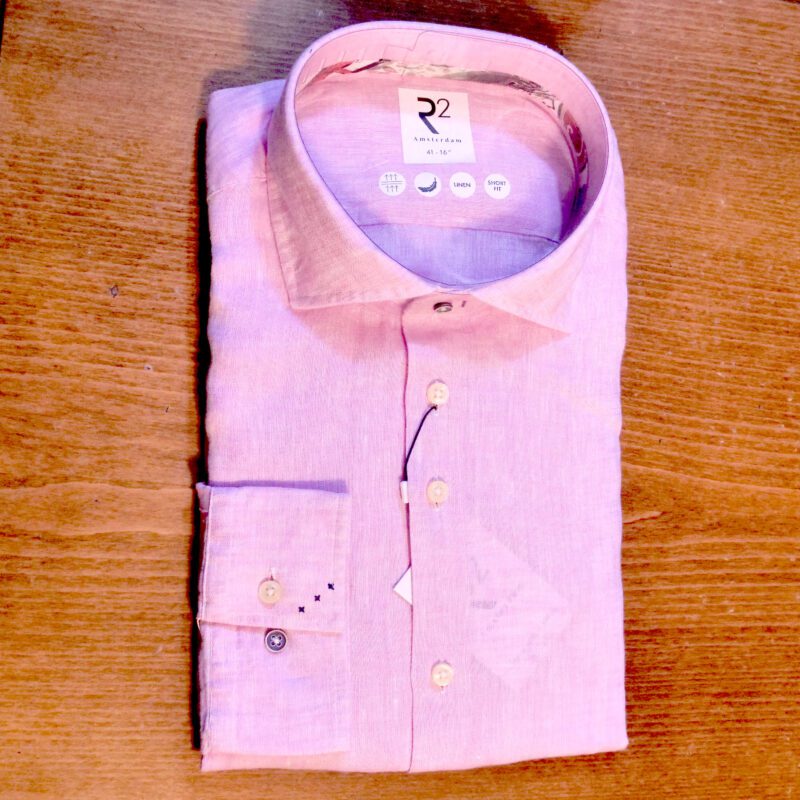 R2 pink linen shirt with blue stitching details