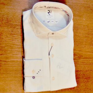 R2 white linen shirt with blue stitching details