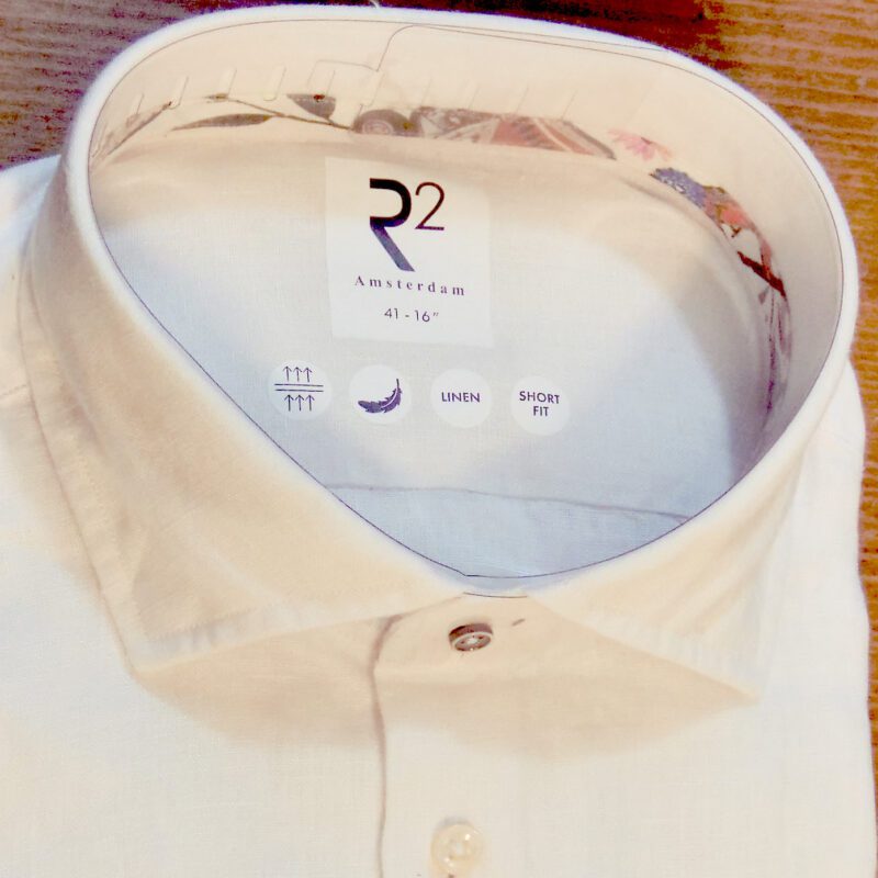 R2 white linen shirt with blue stitching details