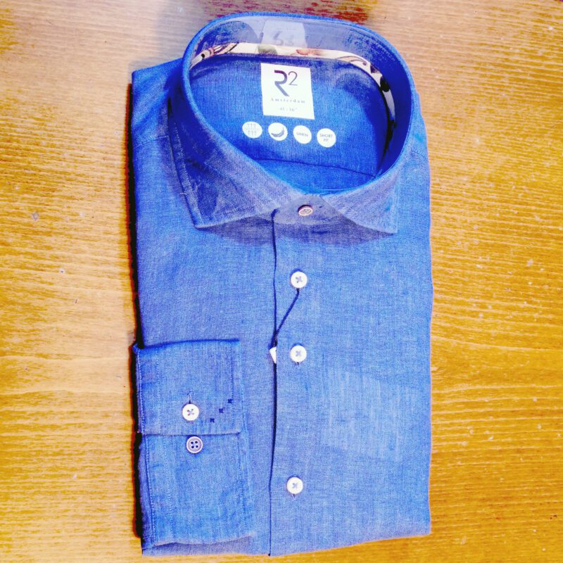 R2 blue linen shirt with blue stitching details