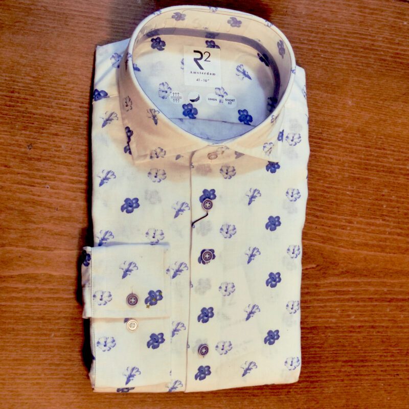 R2 white linen shirt with small blue flowers