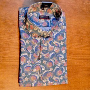 Eterna green short sleeved shirt with colourful organic shapes