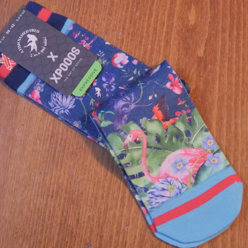 Fish Named Fred pink flamingo socks in blue and pink with a flamingo and tropical night scene.