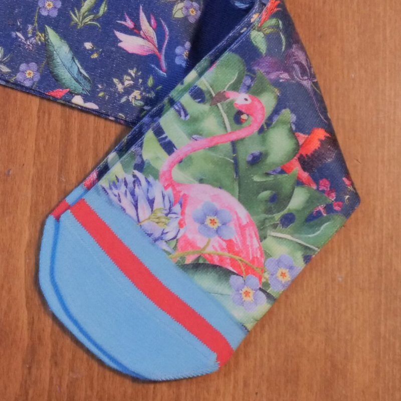 Fish Named Fred pink flamingo socks in blue and pink with a flamingo and tropical night scene.