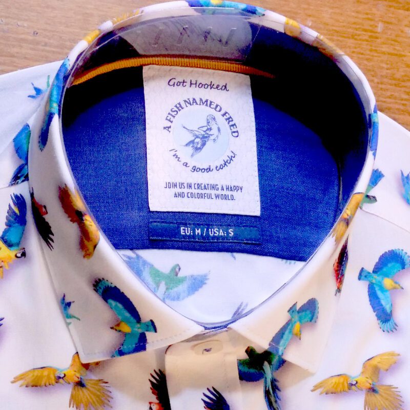 A Fish Named Fred white shirt with parrots and other exotic bird, blue lining