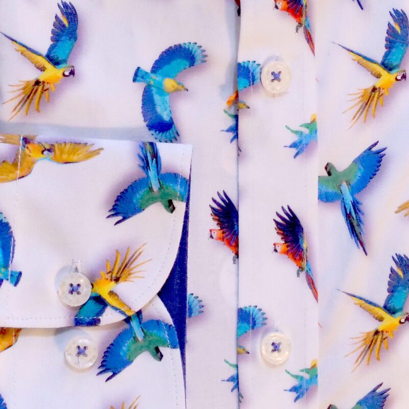 A Fish Named Fred white shirt with parrots and other exotic bird, blue lining