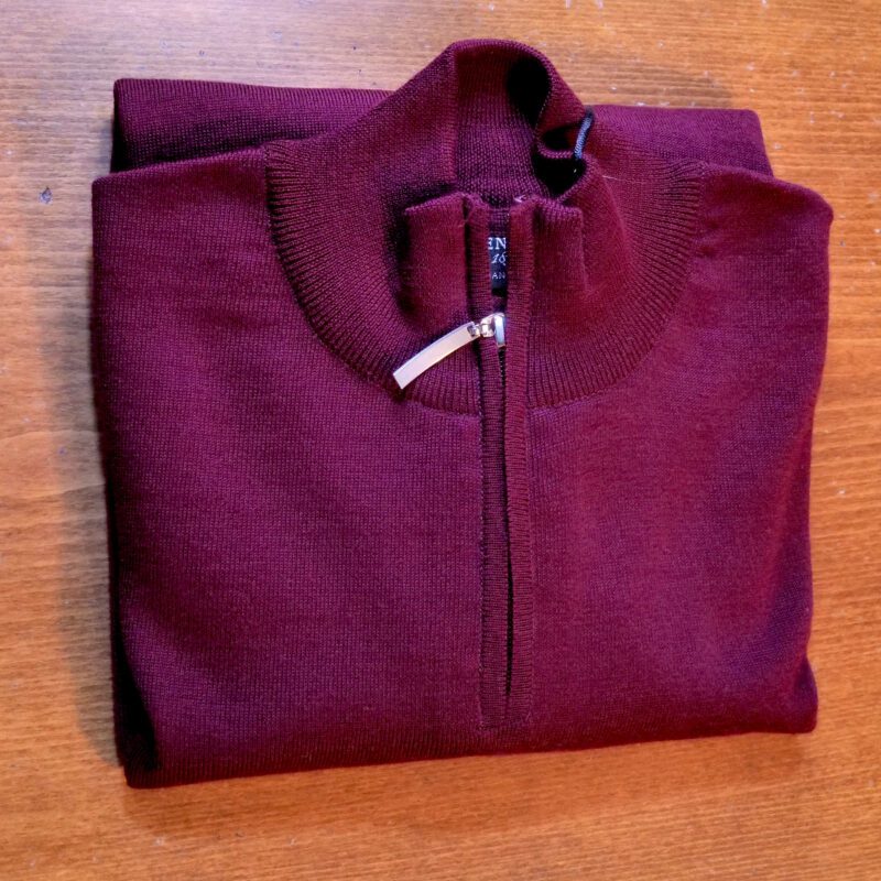 Glenmuir zip in claret merino wool, great for spring and summer evenings