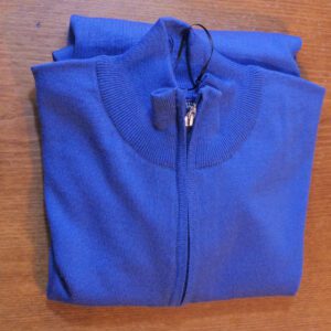 Glenmuir zip in blue merino wool, great for spring and summer evenings