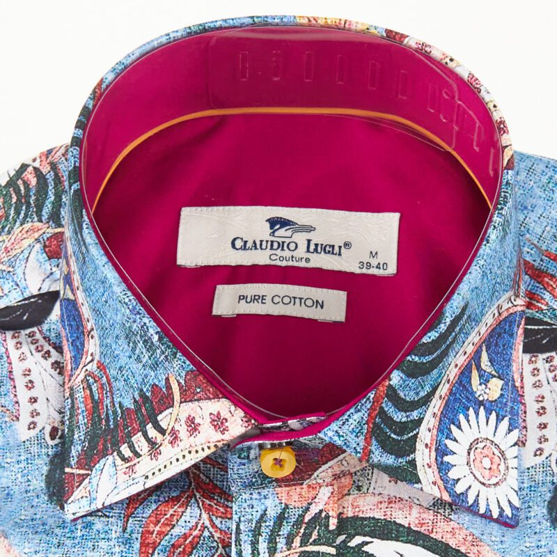 Claudio Lugli blue shirt with large lozenge and flower design and burgundy lining