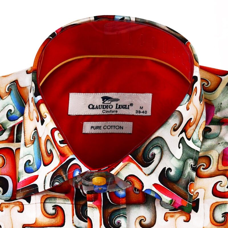 Claudio Lugli white shirt with red, orange, grey and blue character shapes and a red lining from Gabucci Bath