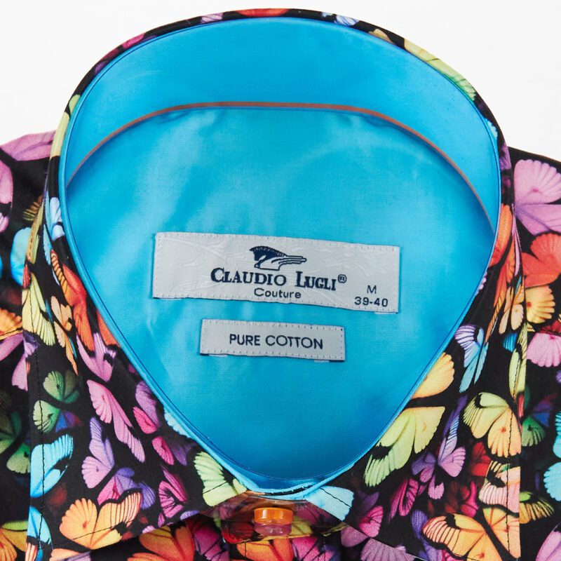 Claudio Lugli black shirt with blue and orange butterflies and blue lining from Gabucci Bath