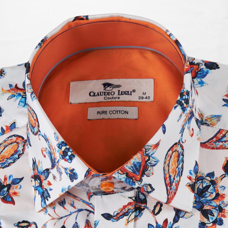 Claudio Lugli white shirt with blue and orange flowers and orange lining from Gabucci Bath