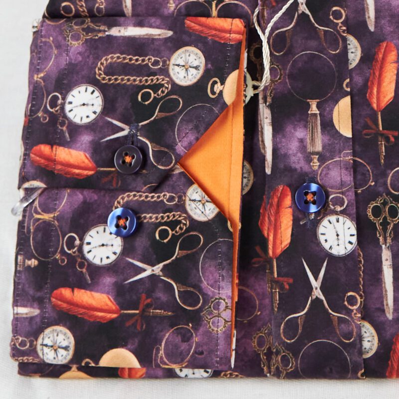 Claudio Lugli purple shirt with classic pocket watches and quills design and orange lining from Gabucci Bath