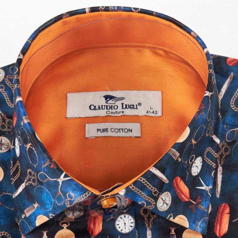 Claudio Lugli blue shirt with classic pocket watches and quills design and orange lining from Gabucci Bath