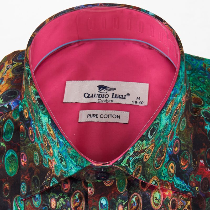 Claudio Lugli rust shirt with green intricate lozenge design and red lining from Gabucci Bath