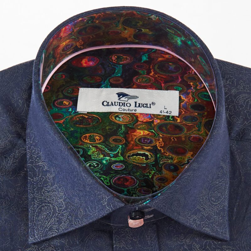 Claudio Lugli dark blue shirt with detailed floral relief design and colourful lining from Gabucci Bath