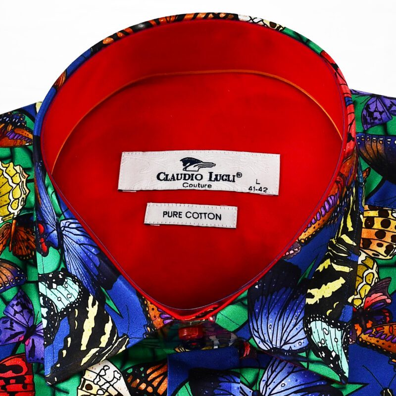 Claudio Lugli blue shirt with large colourful butterflies and a red lining from Gabucci Bath