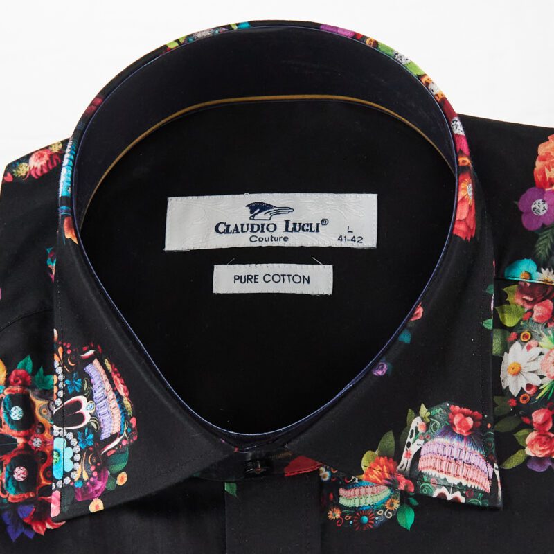 Claudio Lugli black shirt with intricate colourful skulls and a black lining from Gabucci Bath