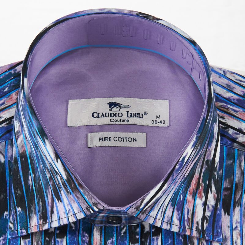 Claudio Lugli blue shirt with white and blue foliage under a blue pinstripe and a lilac lining from Gabucci Bath