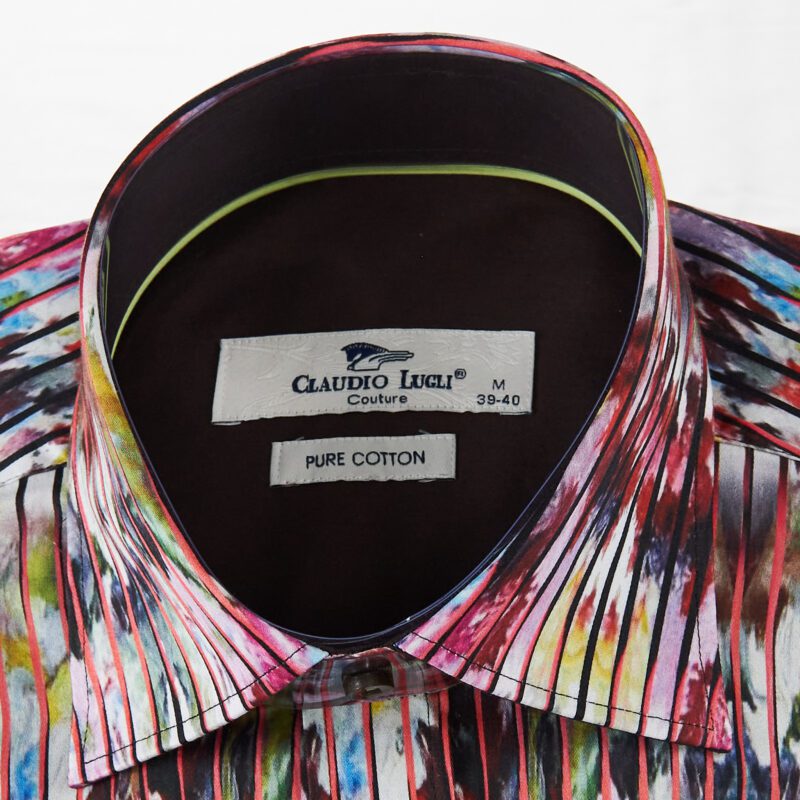 Claudio Lugli white shirt with red and blue foliage under a red and black pinstripe and a black lining from Gabucci Bath