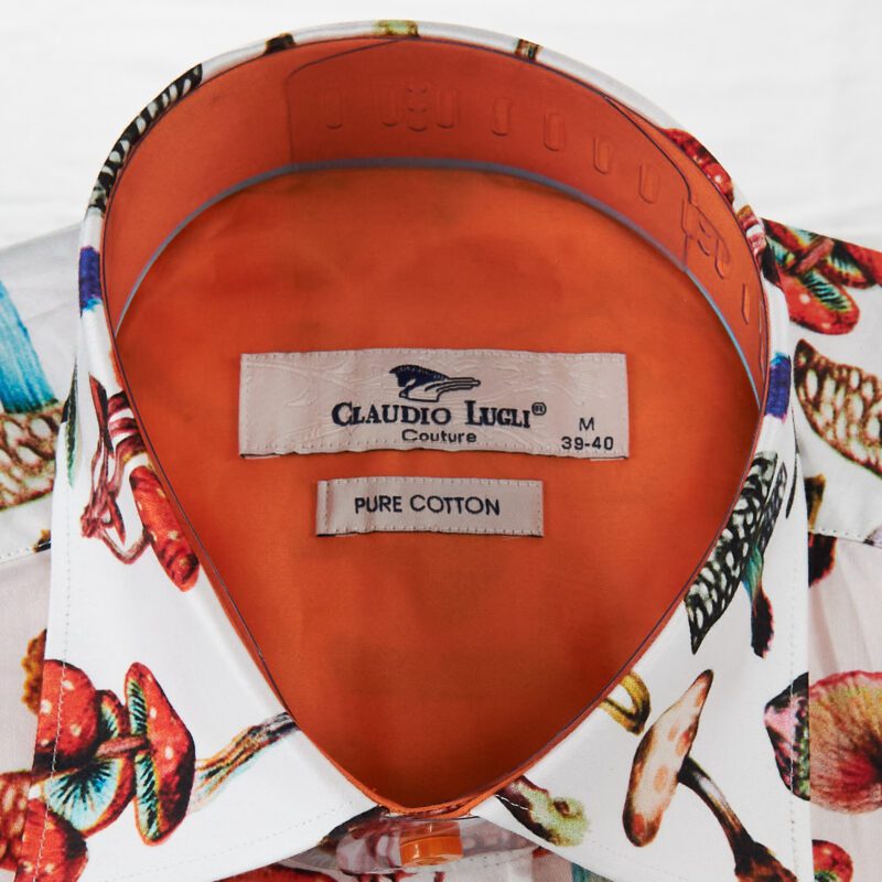 Claudio Lugli white shirt with colourful mushrooms with an orange lining from Gabucci Bath