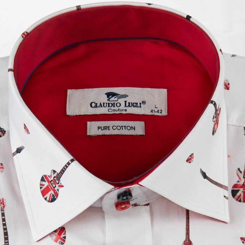 Claudio Lugli white shirt with red, white and blue guitars and Union Jack plectrums and a red lining from Gabucci Bath