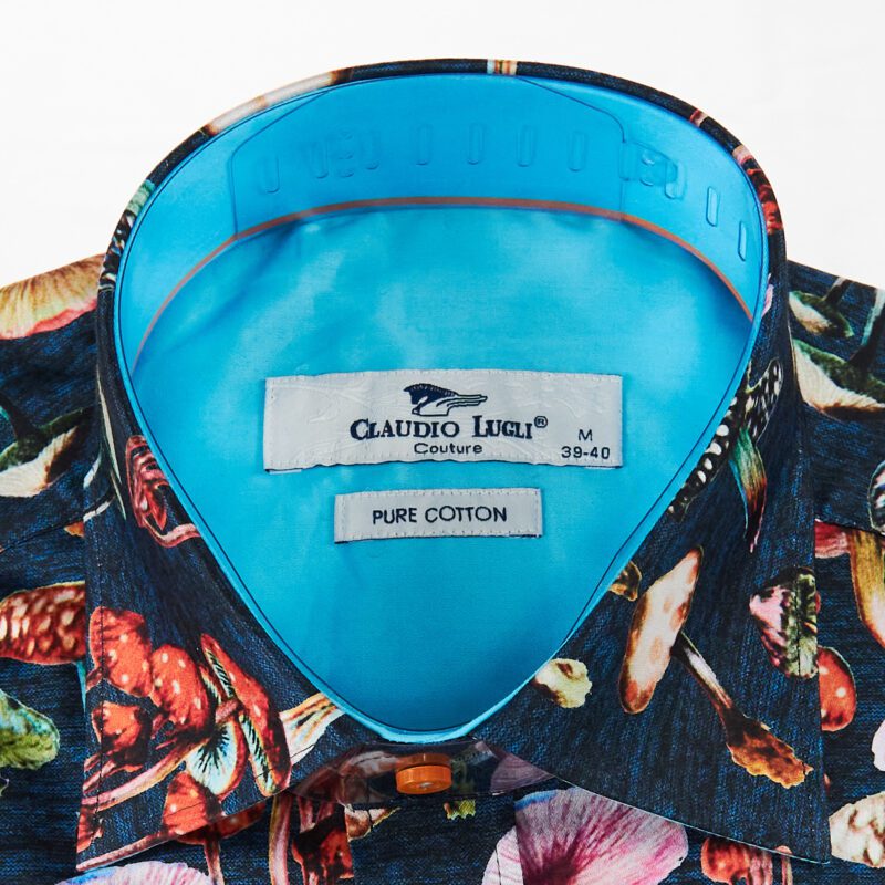 Claudio Lugli black shirt with colourful mushrooms with a blue lining from Gabucci Bath