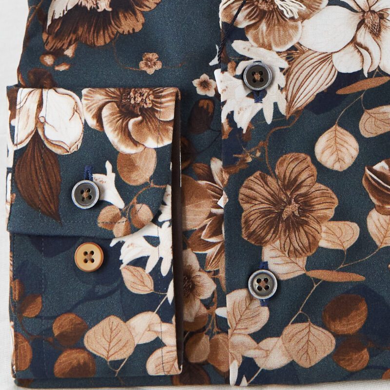R2 blue shirt with white and brown flowers and foliage from Gabucci Bath.