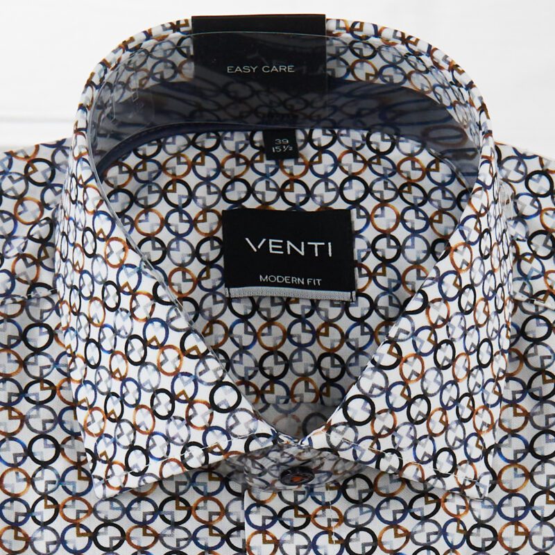 Venti white shirt with small interlocking circles and squares in black and blue grey and sepia from Gabucci Bath
