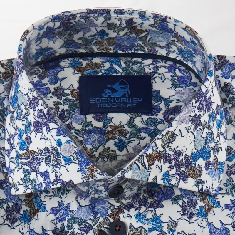Eden Valley white shirt with small blue, purple and brown foliage from Gabucci Bath