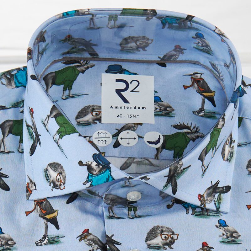 R2 blue shirt with small animals and birds with clothing from Gabucci Bath