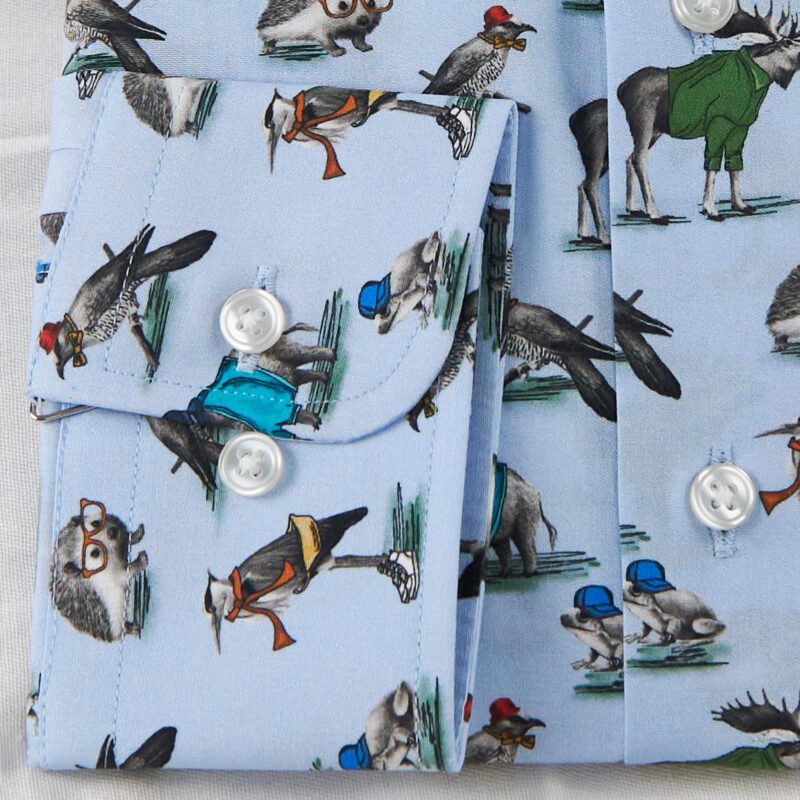 R2 blue shirt with small animals and birds with clothing from Gabucci Bath