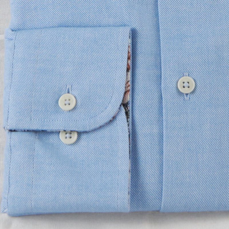 Giordano shirt soft in pale blue with a floral inner collar and cuff lining from Gabucci, Bath.