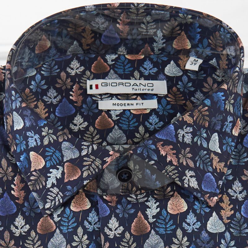 Giordano shirt midnight blue with small grey blue and brown leaves, from Gabucci Bath