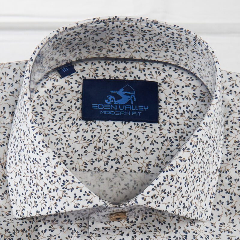 Eden Valley white shirt with tiny blue and brown flowers and foliage from Gabucci Bath
