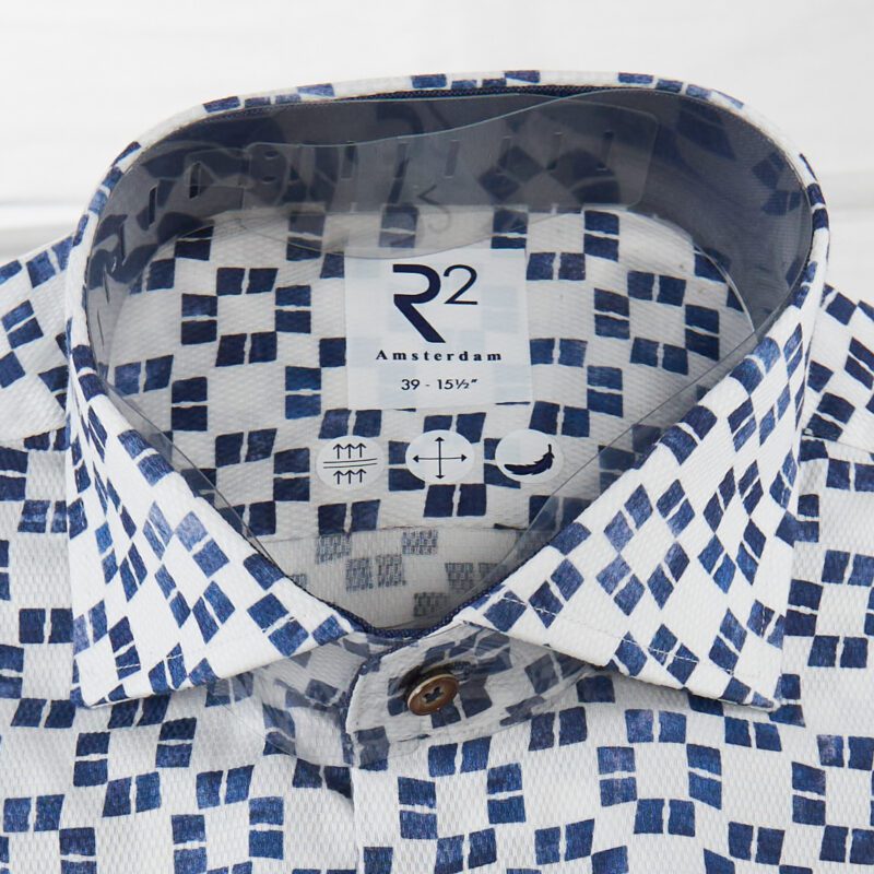 R2 white shirt with small blue rectangles in square formation from Gabucci Bath