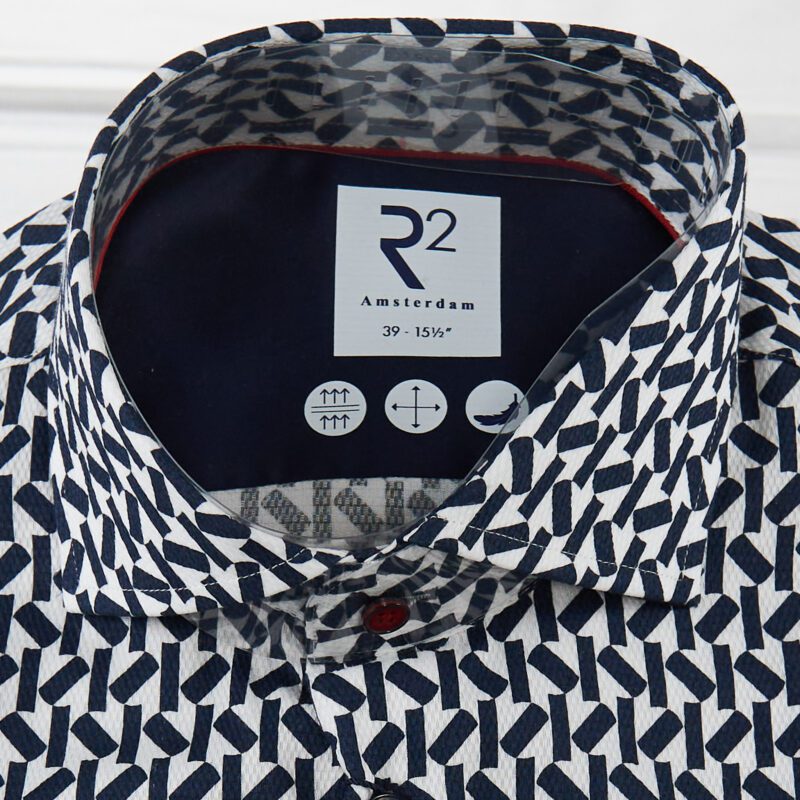 R2 white shirt with small dark blue rectangles at different angles from Gabucci Bath