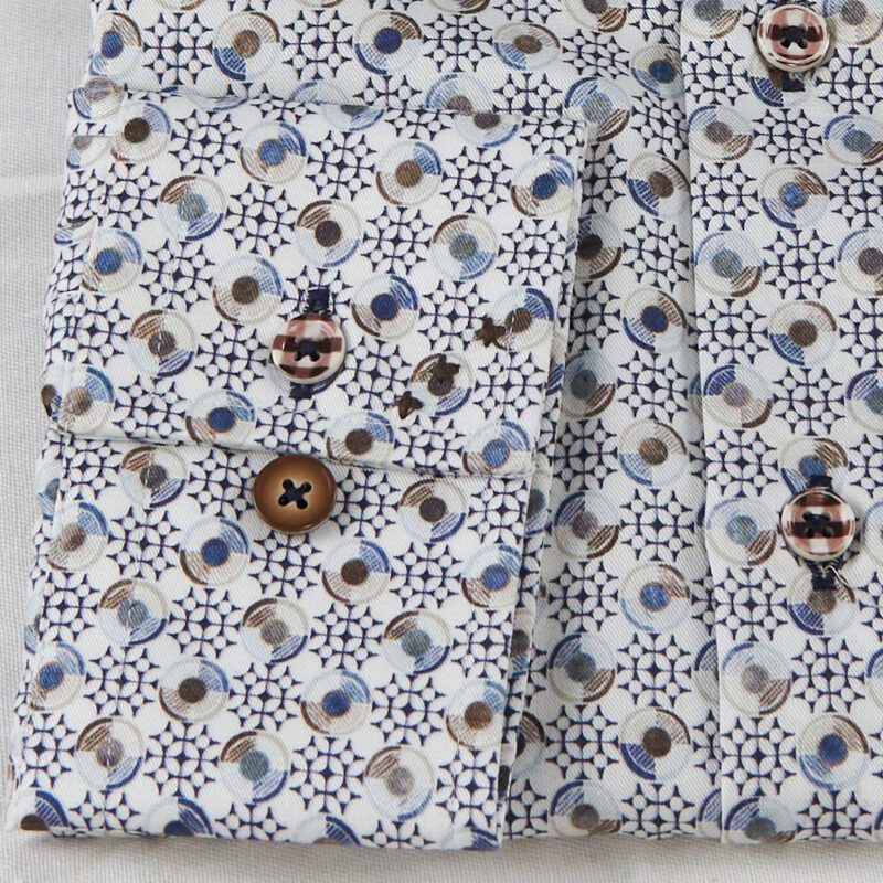 R2 white shirt with small blue and brown circle design from Gabucci Bath