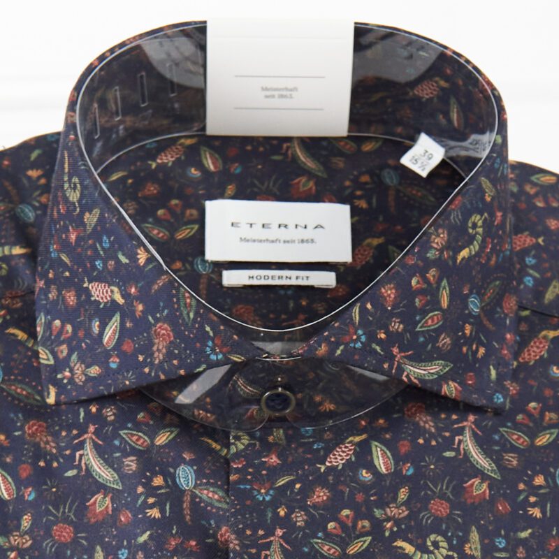 Eterna dark blue shirt with tiny foliage and creatures, see what you can see within the design, suitable for most occasions. From Gabucci Bath