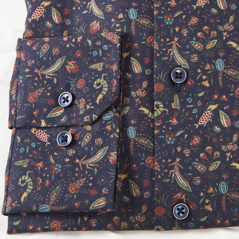 Eterna dark blue shirt with tiny foliage and creatures, see what you can see within the design, suitable for most occasions. From Gabucci Bath