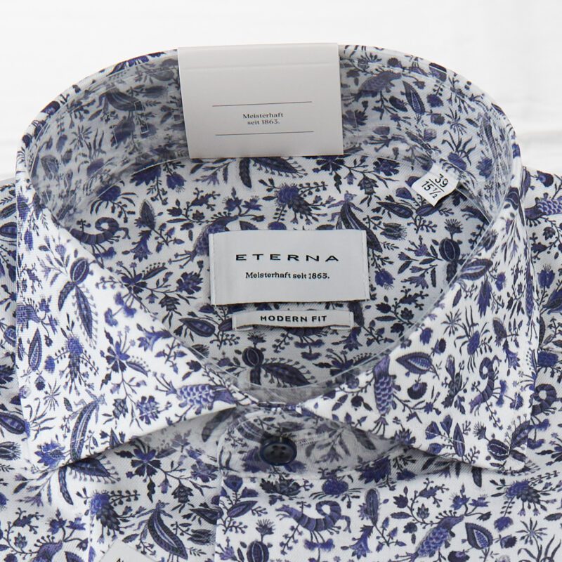 Eterna white shirt with tiny blue foliage and creatures from Gabucci Bath
