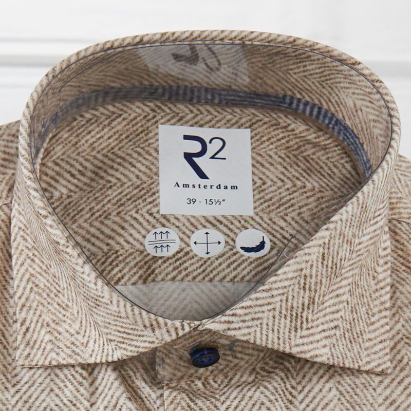 R2 cream shirt with alternate brown diagonal narrow stripes from Gabucci Bath