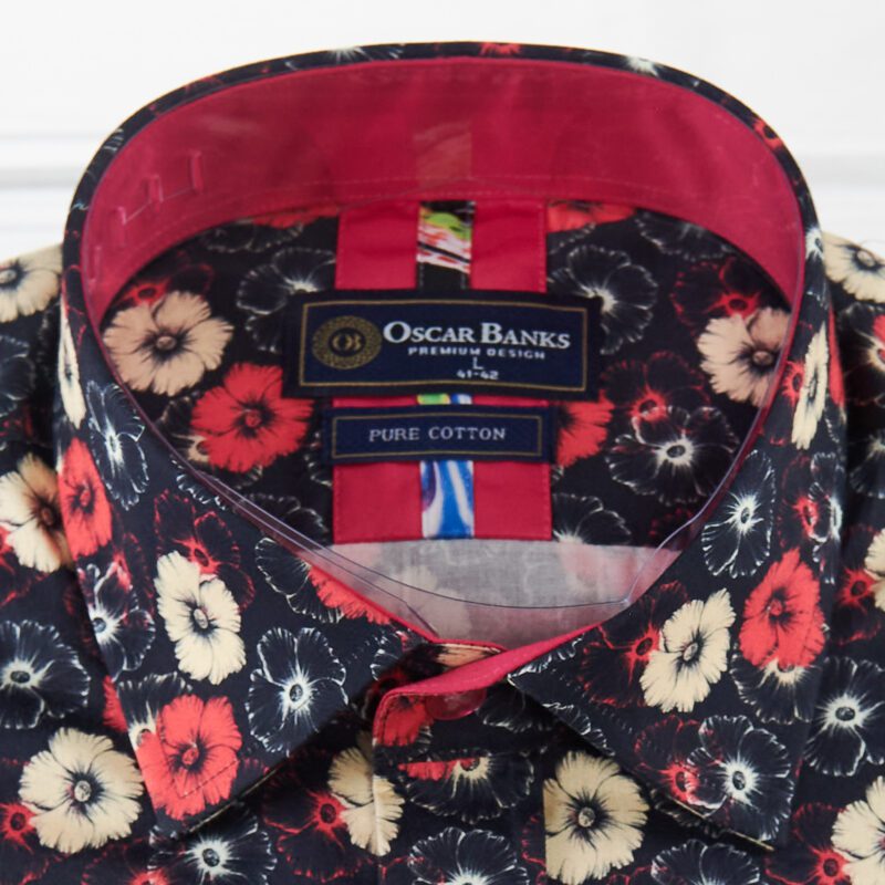 Oscar Banks black shirt with red cream and black flowers from Gabucci Bath