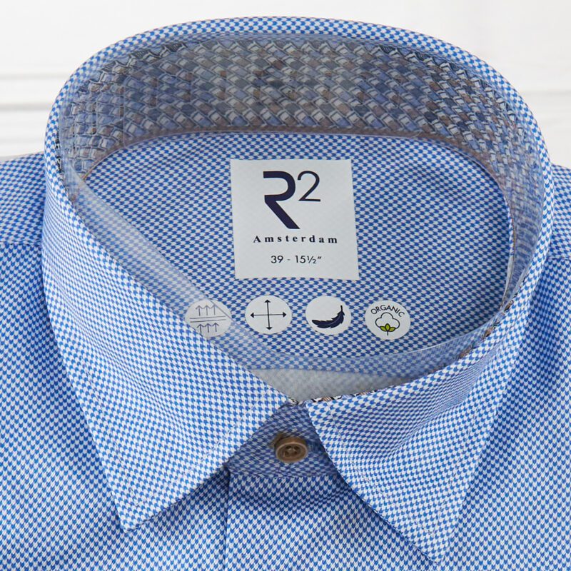 R2 blue gingham shirt with blue and brown inner collar and cuffs from Gabucci Bath