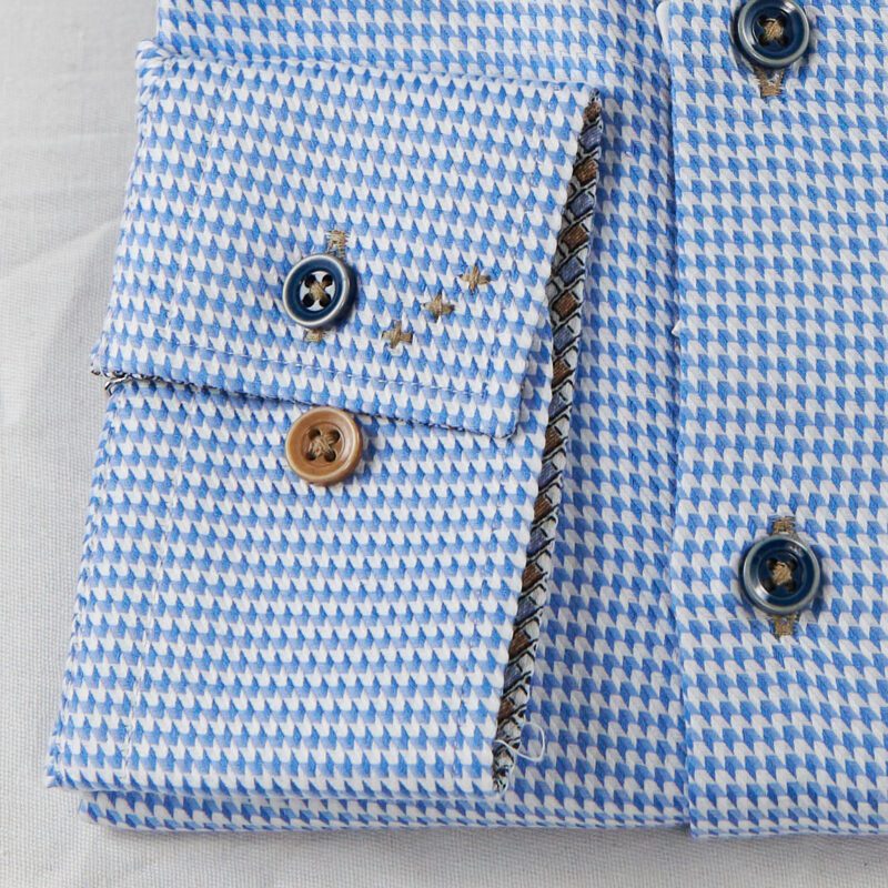 R2 blue dogtooth check shirt with blue and brown inner collar and cuffs from Gabucci Bath