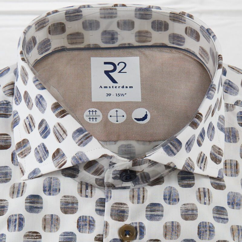 R2 white shirt with blue and brown rounded square design from Gabucci Bath