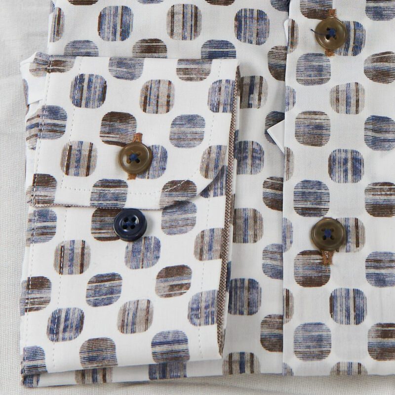 R2 white shirt with blue and brown rounded square design from Gabucci Bath