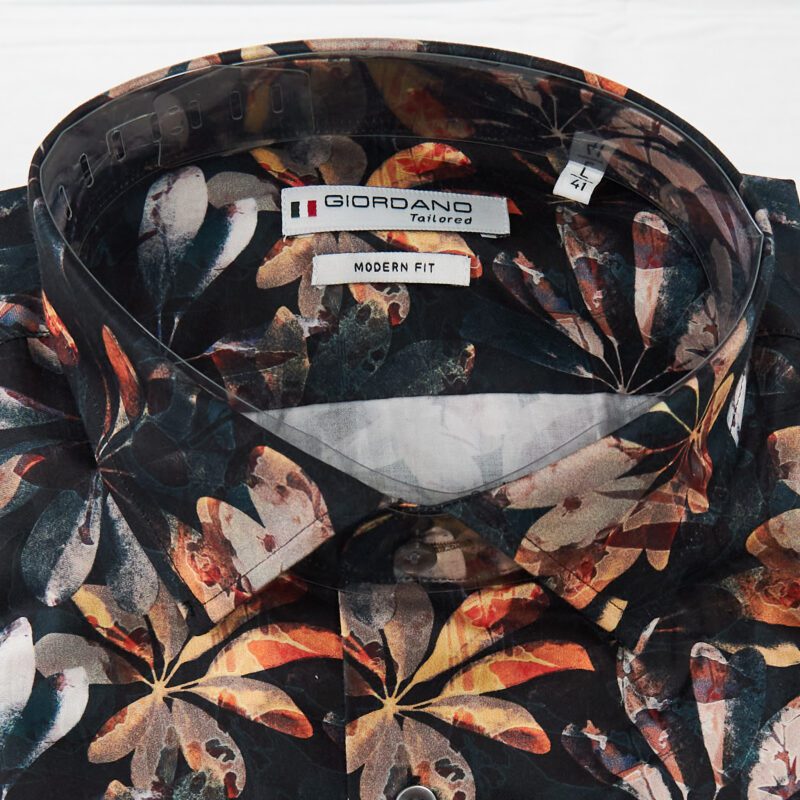 Giordano shirt black with large orange and pink flowers, from Gabucci Bath.